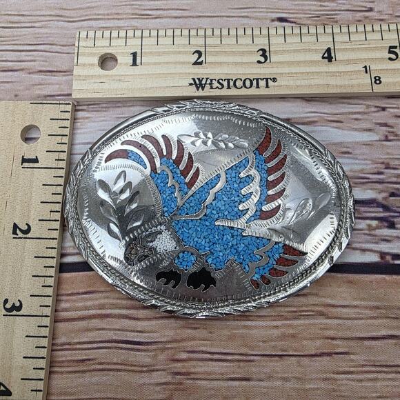 Vintage Handcrafted Inlay Belt Buckle Silver Tone Turquoise Eagle Western 3 Inch - Picture 10 of 11